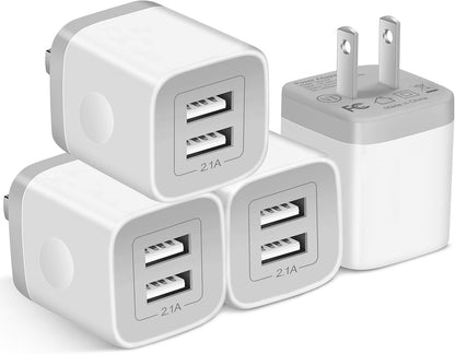 USB Wall Charger, 4-Pack 2.1A Dual Port USB Cube Power Adapter Charger Plug Charging Blocks Brick for Iphone 16E/16/15/14/13/12/11/Xs/X/8/7/6 Plus, Watch Series/Ultra, Galaxy, Moto, Android